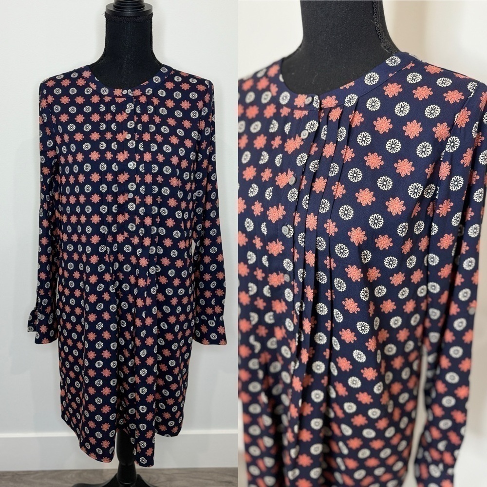 LOFT Dark Blue Long Sleeve Floral Print Midi Dress (S)